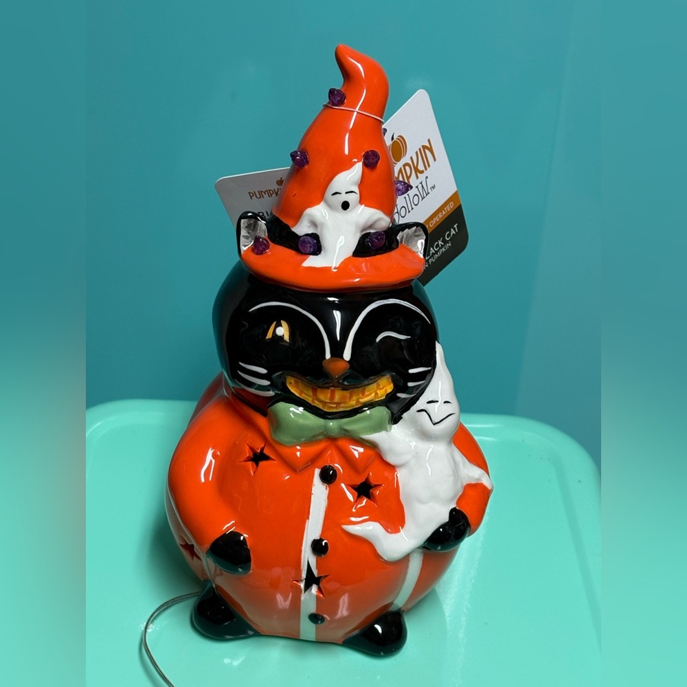 New Johanna Parker Inspired 10.6" LED Ceramic Black Cat with Ghosts